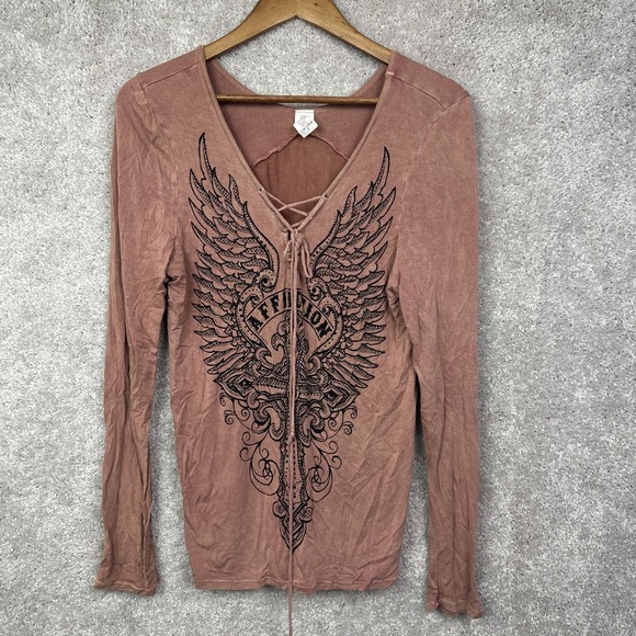 Affliction Tops - Affliction Live Fast Raglan Shirt Womens Size Medium Thin Stitching Distressed